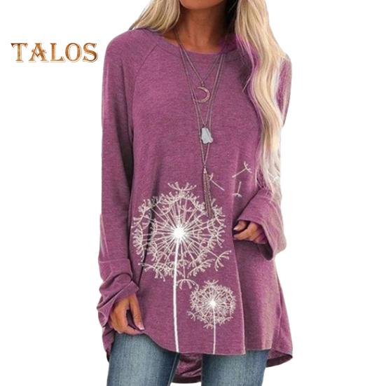 Tunique grande taille pour femme, imprimé pissenlit, chemise longue, col ras du cou, manches longues, pull-over, chemisier décontracté, coupe ample, pour le travail et la vie quotidienne