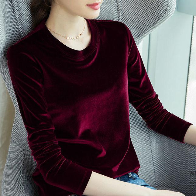 Spring Autumn Women Slim Gold Velvet Bottoming Shirt Korean Temperament Gentle Loose Warm Long Sleeve Shirt