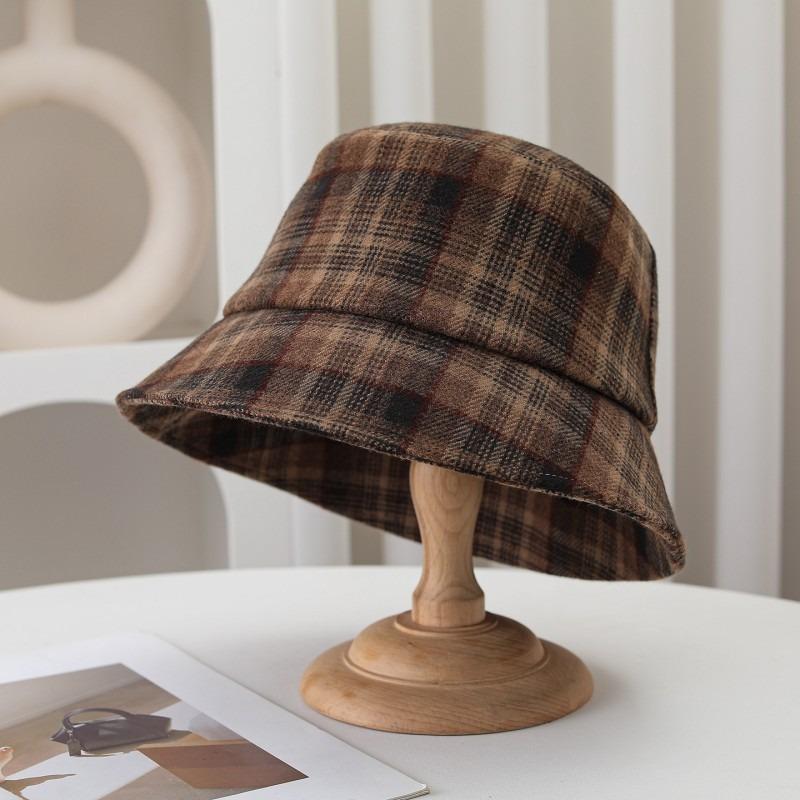 Women S Plaid Bucket Hat Double Sided Foldable Sun Protection Large Head Size Korean Style