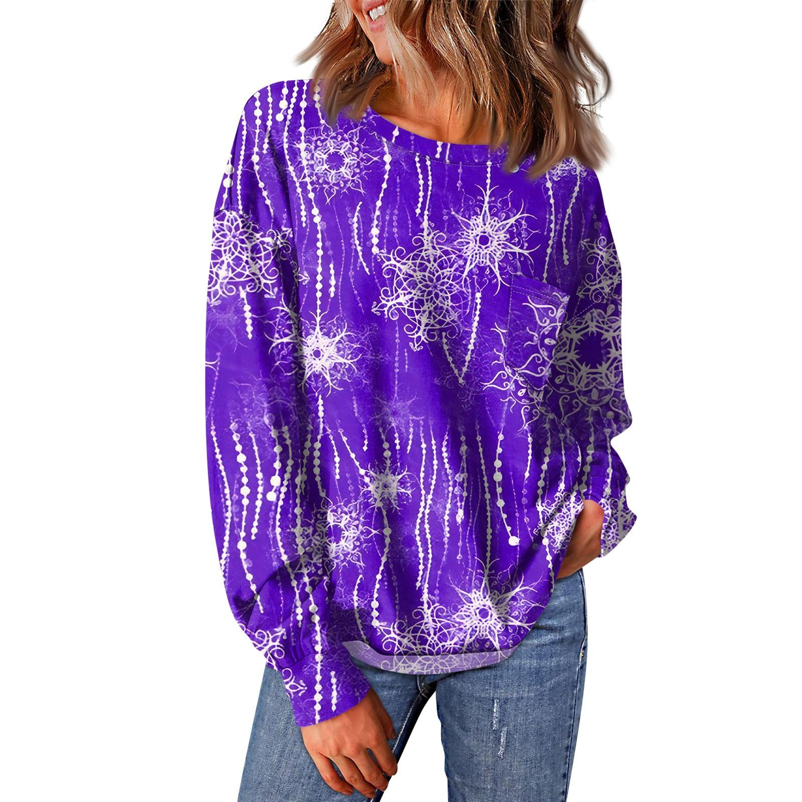 

Женский повседневный свободный топ с круглым вырезом и карманами с рождественским принтом и длинными рукавами M фиолетовый