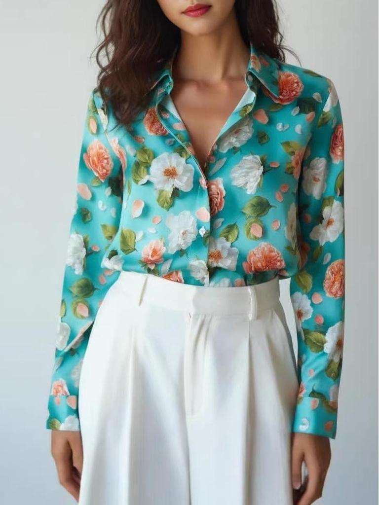 European & American Women's Printed Casual Loose Long Sleeve Shirt