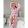 Womens Plush Long Robe With Heart Embroidery V-Neck Warm Fleece Bathrobe Winter Home Wear