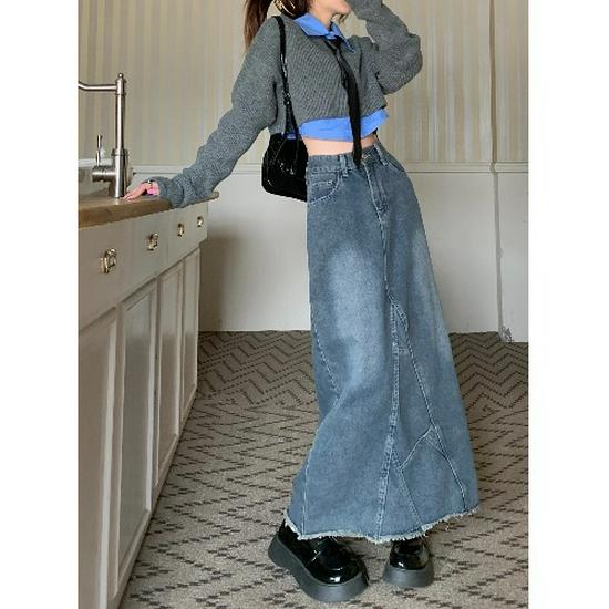 

Юбка миди из денима с завышенной талией в стиле Гонконга, с разрезом - Женская универсальная выстиранная А-силуэта юбка для весны и осени 4X Large