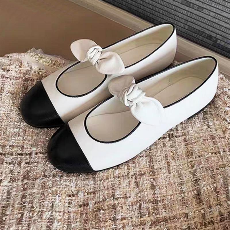 Spring New Ballet Shoes Women's Round Head Bow Pearl Mary Jane Shoes Metal Buckle Commuter Dating