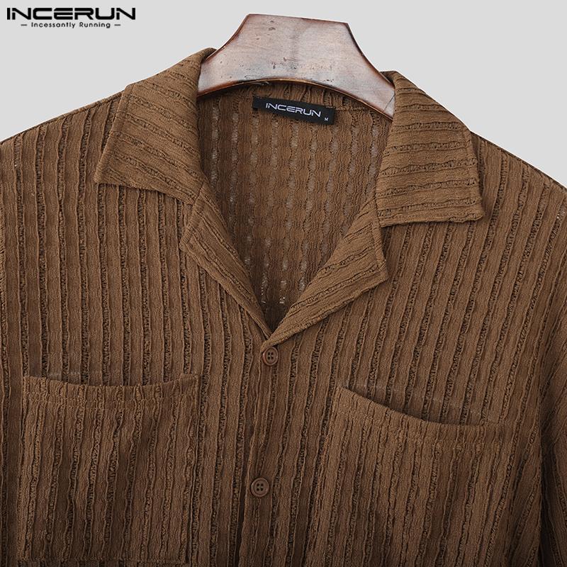 INCERUN Plus Size Men Lapel Neck Short Sleeve Texture Casual Shirts Tops