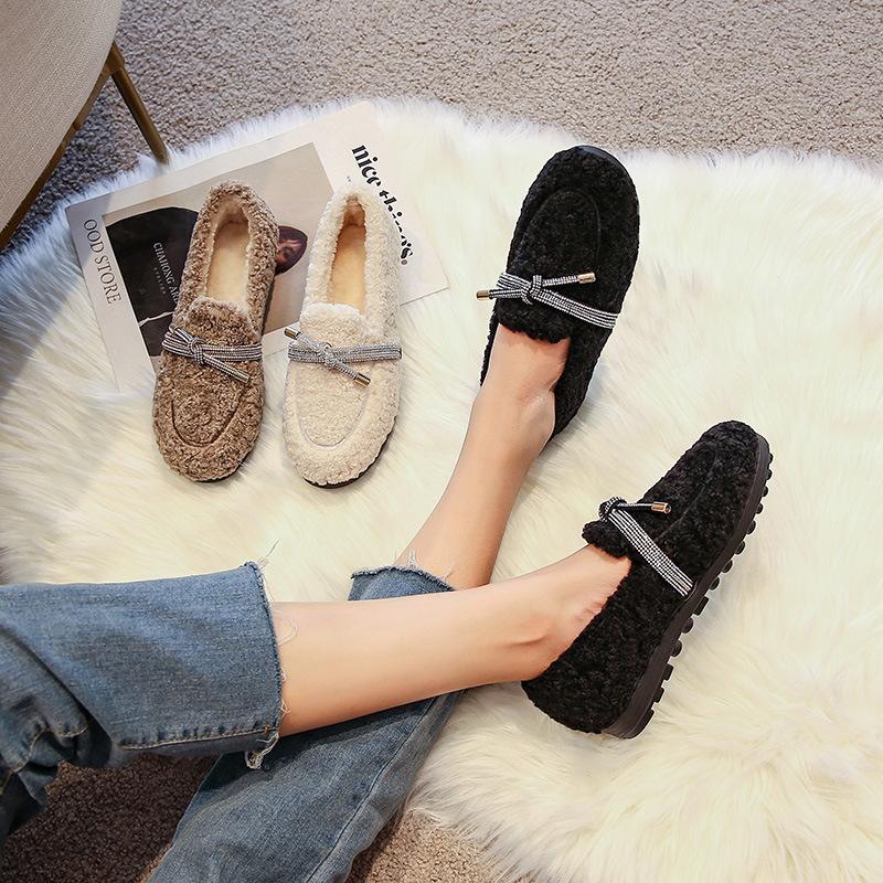 Fashion Curly Fur Shoes Woman Glitter Bowtie Cotton Flats Lambswool Loafers Ladies Winter Footwear Cashmere Plush Shoes Comfy Moccasins