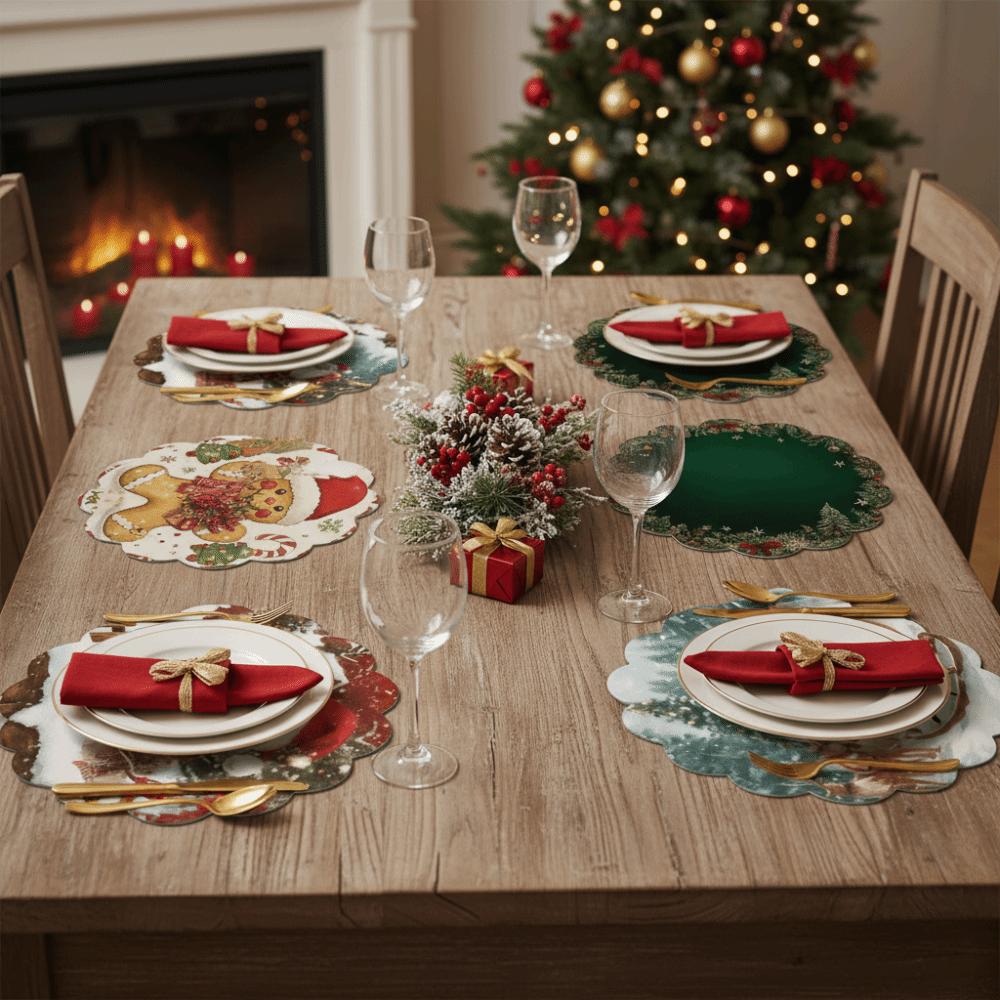 2Pcs New Round Christmas Placemats Polyester Non-Slip Christmas Table Mats Xmas Placemat Wedding Party Decor