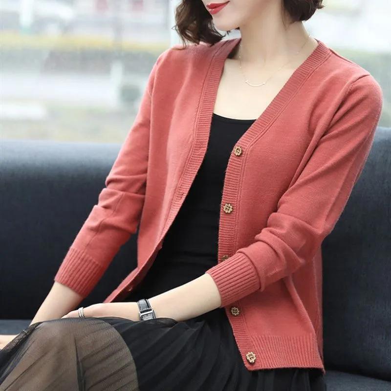 Female spring Short Knitted Jacket Loose V-Tie Buckle Cardigan Sweater