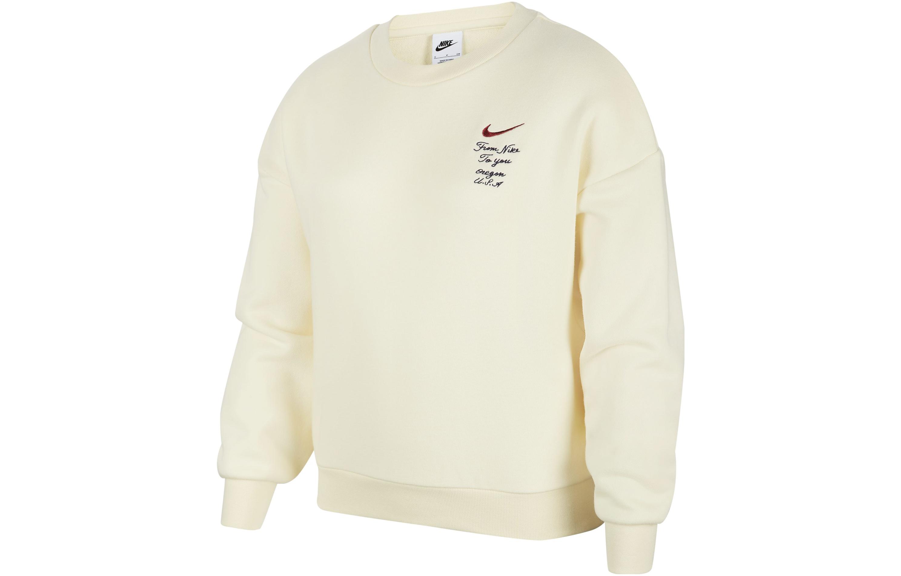 Nike Kids  Apparel, Embroidery Logo Crew Neck Loose Fit Casual Fleece Lined Long Sleeved Sweatshirt Coconut Milk Kids  FV8449-113 S