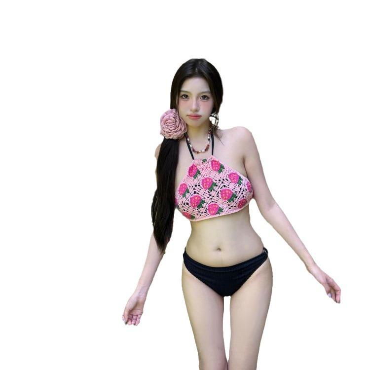 Strawberry Knit Halter Skirt Swimsuit: Cute 3-Piece Set for Women