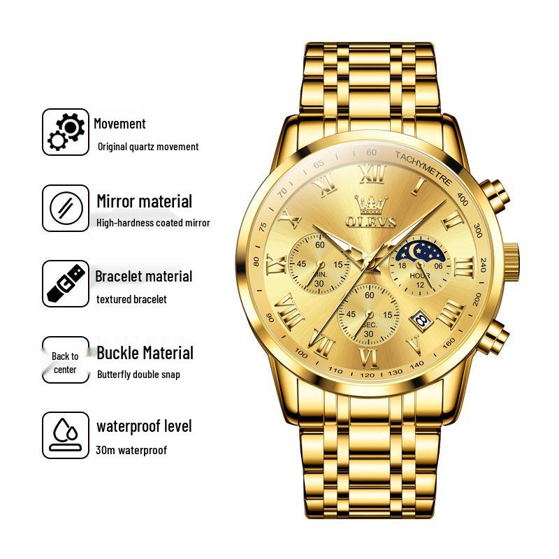 Wielofunkcyjny zegarek męski Oulishi: Luminous Calendar, Waterproof, Steel Band, Three-Eye, Six-Hand.