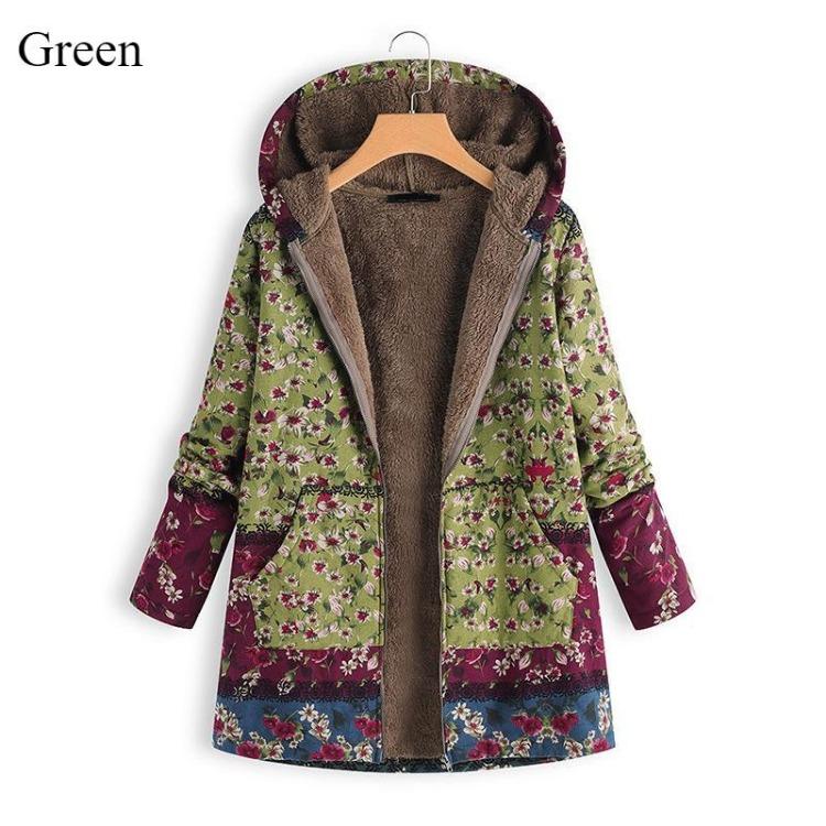 Damenmode mit Kapuze, warm, Reißverschluss, gefüttert, verdickt, langer Baumwollmantel, bedruckt, große Größe für Herbst Winter