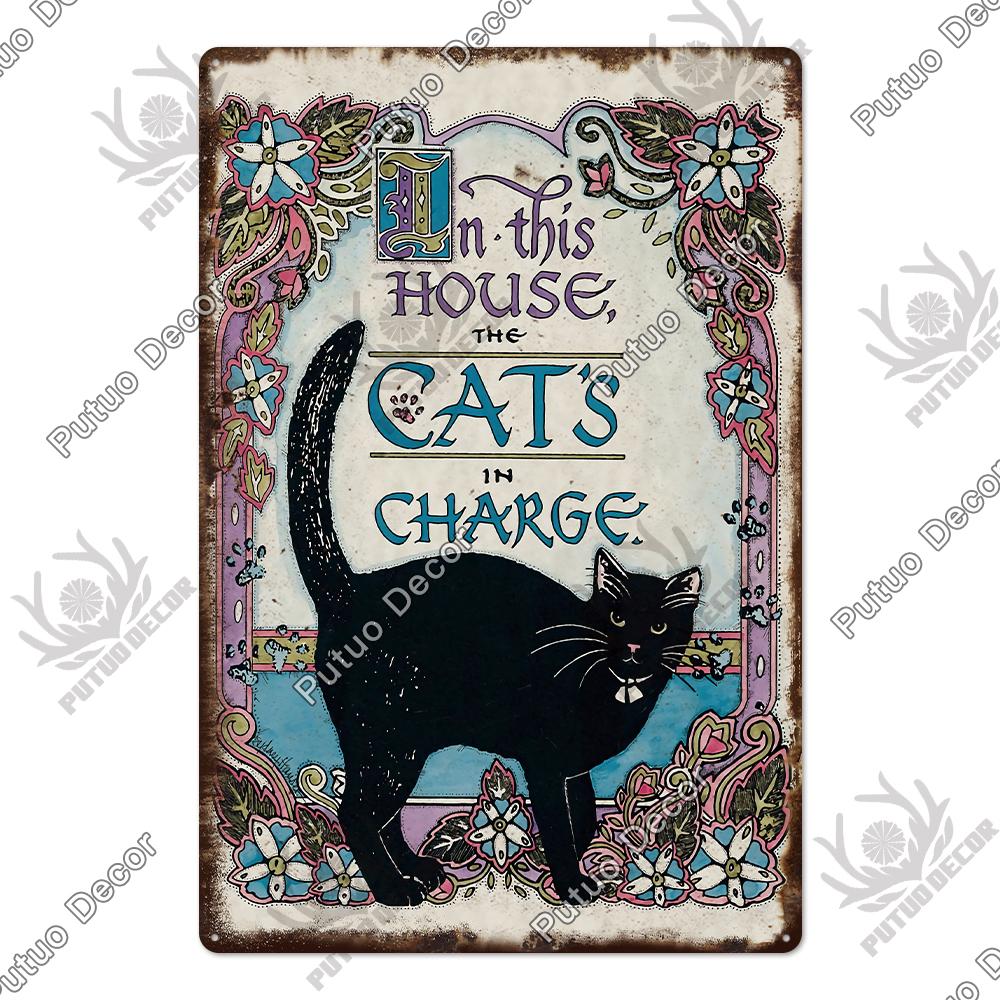 Putuo Decor Cute Cat Vintaget Tin Signs Retro Plaque Metal Plate Wall Art Decor for Home Cafe Living Room Pet Shop Iron Poster