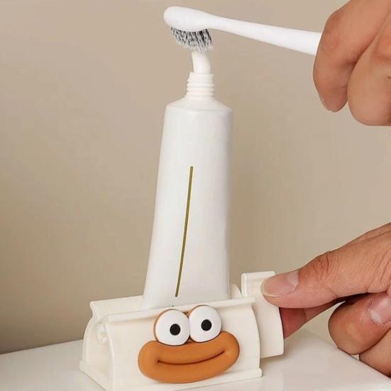 Cartoon Toothpaste Dispenser with Suction Base Wall-Mounted Roller Squeezer for Toothpaste Face Wash No-Waste Funny Bathroom Organizer for Kids Adults