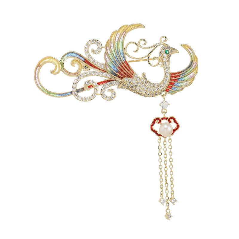 Medium Enamel Phoenix Brooch High-end Temperament Women's Pearl Fringed Pin Coat Suit Accessories Corsage