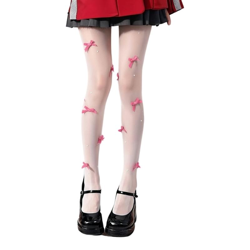 Women's Sheer Tights Control Top Pantyhose Sparkly Bows Pearls Pantyhose Tights Nylon Stockings
