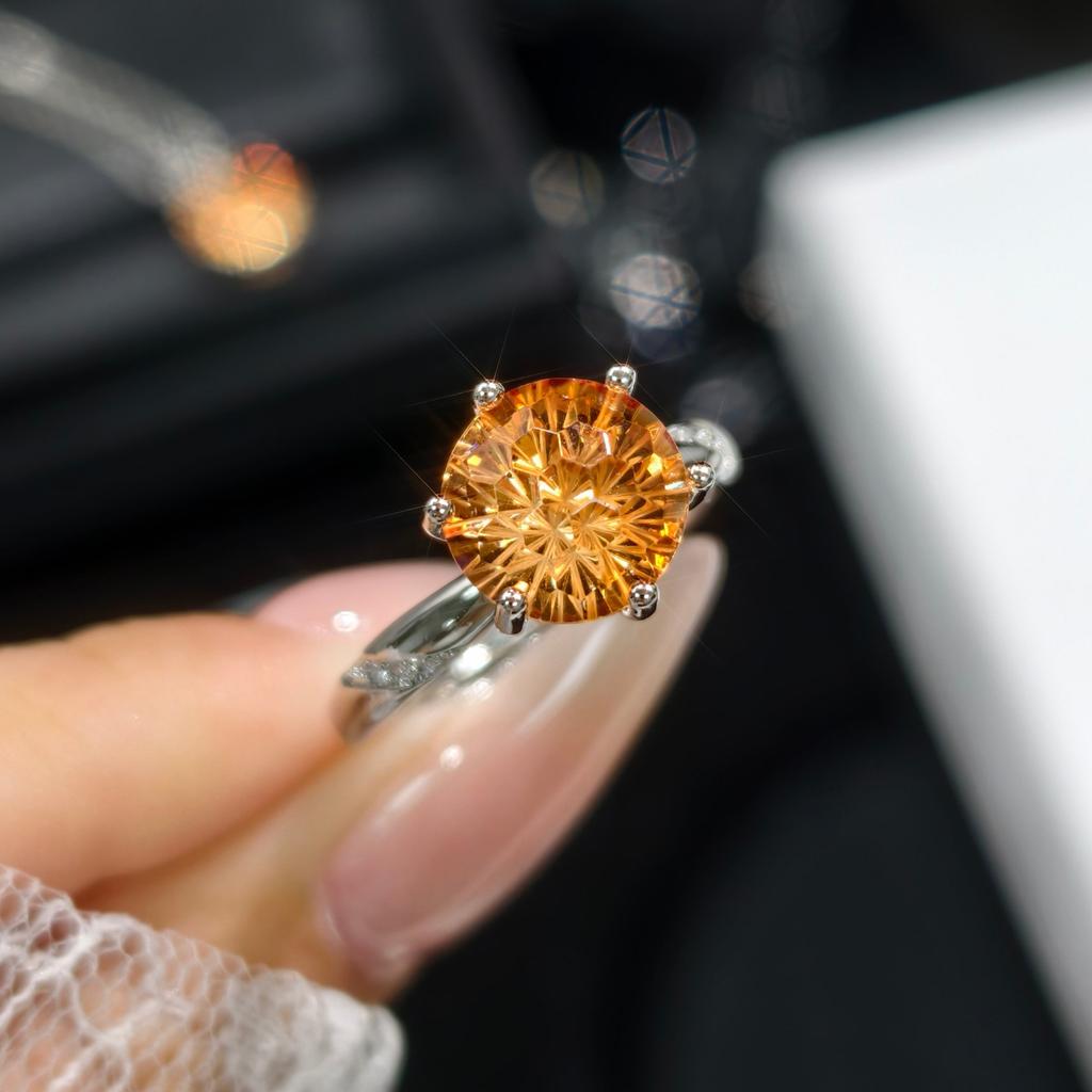 2025 Simple and Elegant Yellow Diamond Open Ring Women's Versatile Earnail Pendant Necklace Three Piece Set