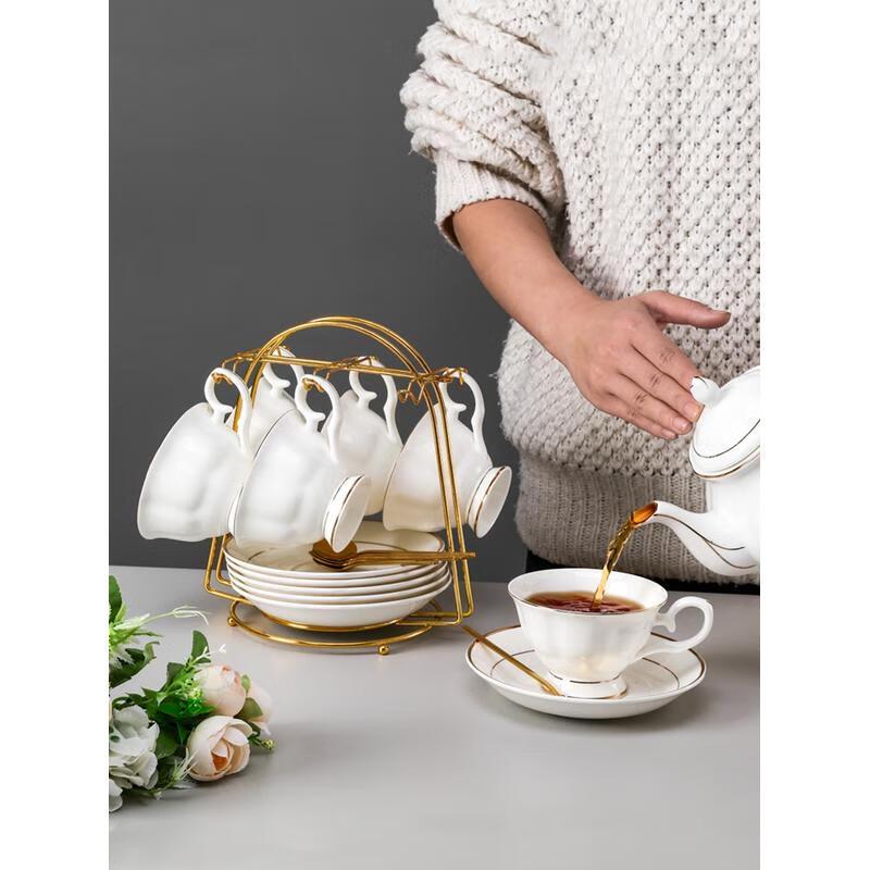 HANDUNYOU Exquisite Gold Rim Coffee Cup & Saucer Set with Rack