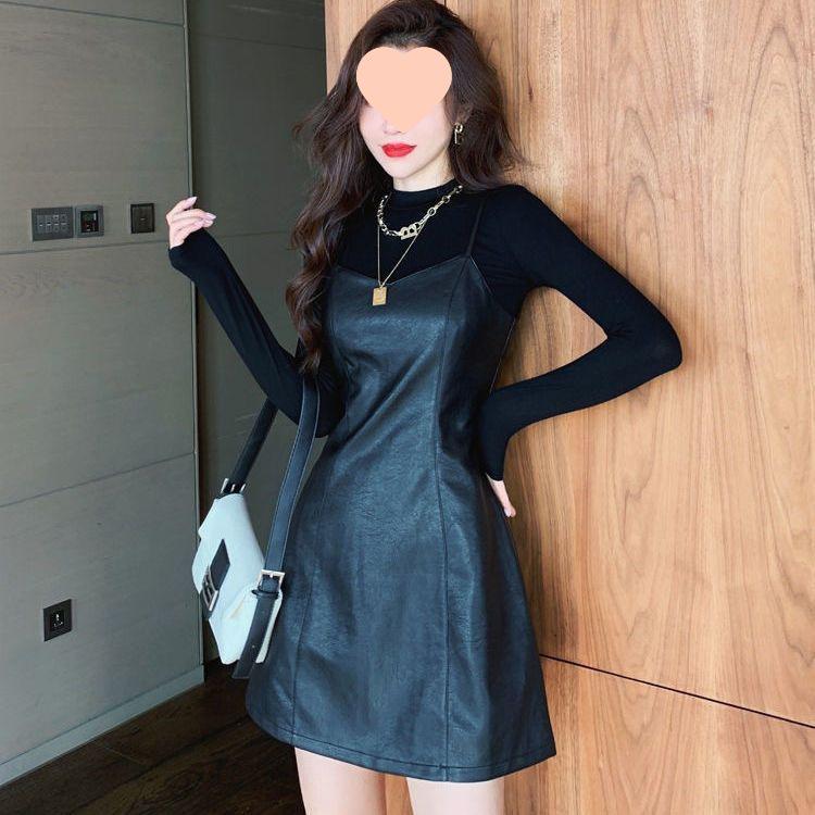 Φθινόπωρο 2025 Δερμάτινο Σετ Τοπ και Φούστα: Φόρεμα Σύσφιξης Υψηλόμεσο με Μπλούζα Βάσης Μακρυμάνικη