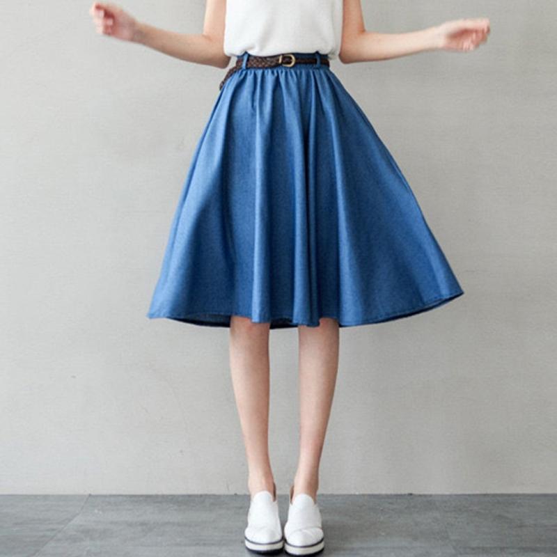 

Лето Осень Женские Джинсовые Юбки Юбка Повседневная Юбка Пояса Высокая Эластичная Талия One Size светло-синий