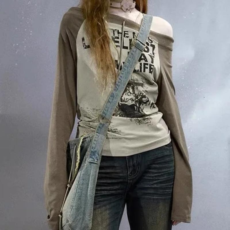 2000s Grunge Vintage Streetwear Mikina Dámská Americká Retro Y2k Harajuku Sexy Estetická Volná Pulovry Nepravidelná Slim Fit Trička