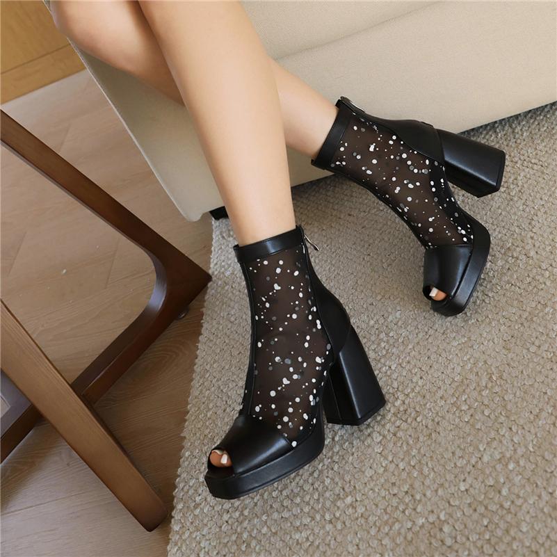 FOREADA Women Sandals Peep Toe Thick High Heels Zippers Platform Hollow Jazz Dance Boots Ladies Fashion Shoes Summer White 46