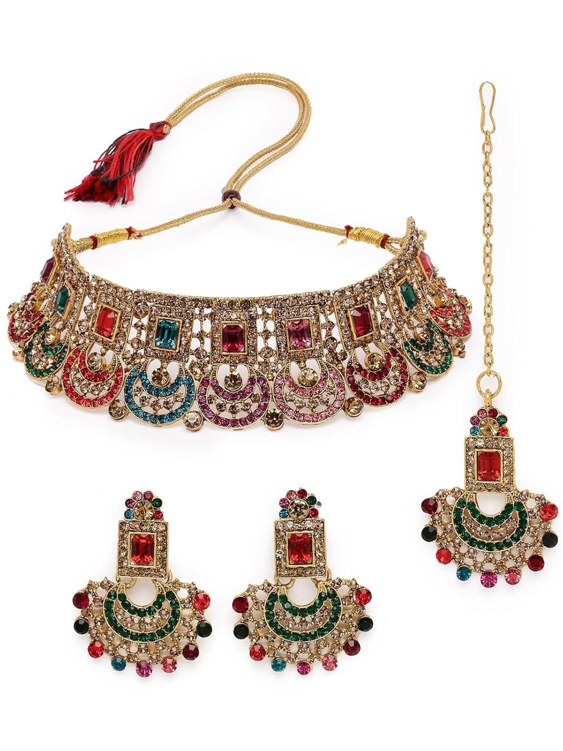 

Graceful Curve Shaped Gold Plated AD Stones Choker Necklace Set With Earring And Maangtika | Jewellery Set For Women Onesize