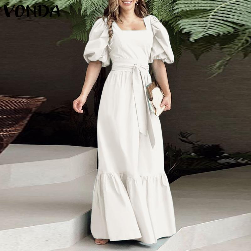 

VONDA женские летние пышные платья с квадратным вырезом и короткими рукавами, плиссированные на талии и завязками, однотонные длинные платья