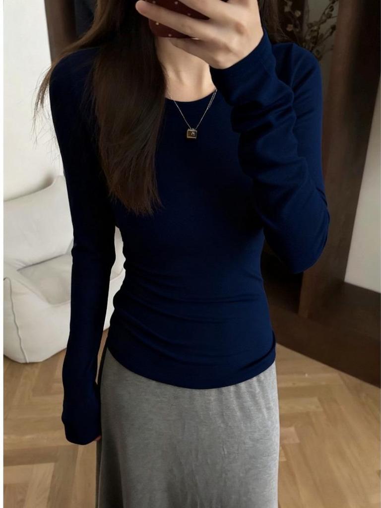 Women's Plus Size 95% Cotton Long Sleeve Round Neck T-Shirt - Slim Fit, Solid Color, Spring/Autumn Wear, Straight Shoulder.