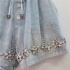 Damen Shorts Jeans Weiter Bein Kurze Hosen Elastischer Bund Knopf Diamanten Vintage Gewaschen Used Sommer Streetwear Denims