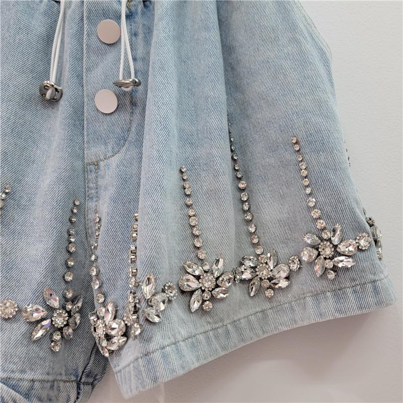 Damen Shorts Jeans Weiter Bein Kurze Hosen Elastischer Bund Knopf Diamanten Vintage Gewaschen Used Sommer Streetwear Denims