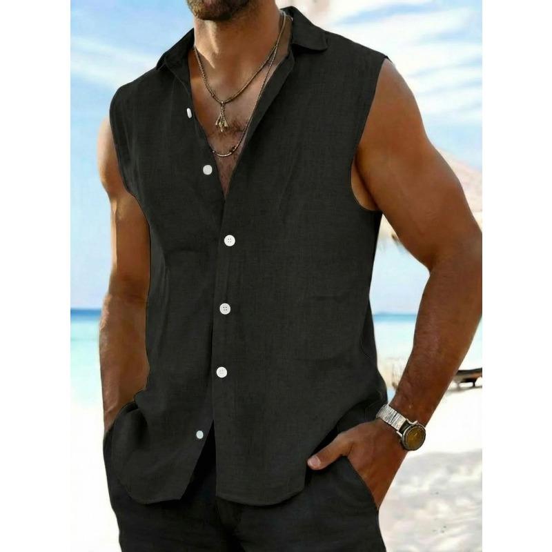 Men's Summer Cotton Sleeveless Shirt Vintage Solid Color Casual Vest Tops Beach Holiday Lightweight Breathable Male Tank Shirts