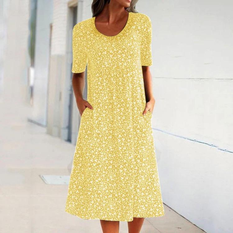 Women Summer Floral Print Boho Dress Tanya Round Neck Short Sleeve with Pocket
