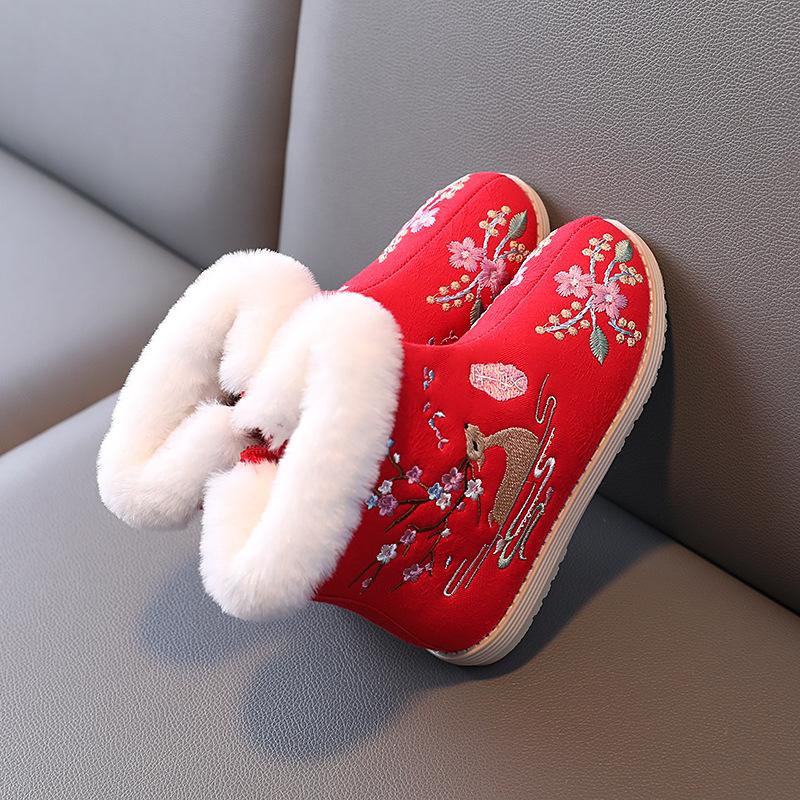 Girls Ethnic Style Embroidery Large Size Thick Bottom Winter Warm Fur One Snow Boots Thickened Lined Ankle Boots Non-slip Hiking Sports Cotton Boots