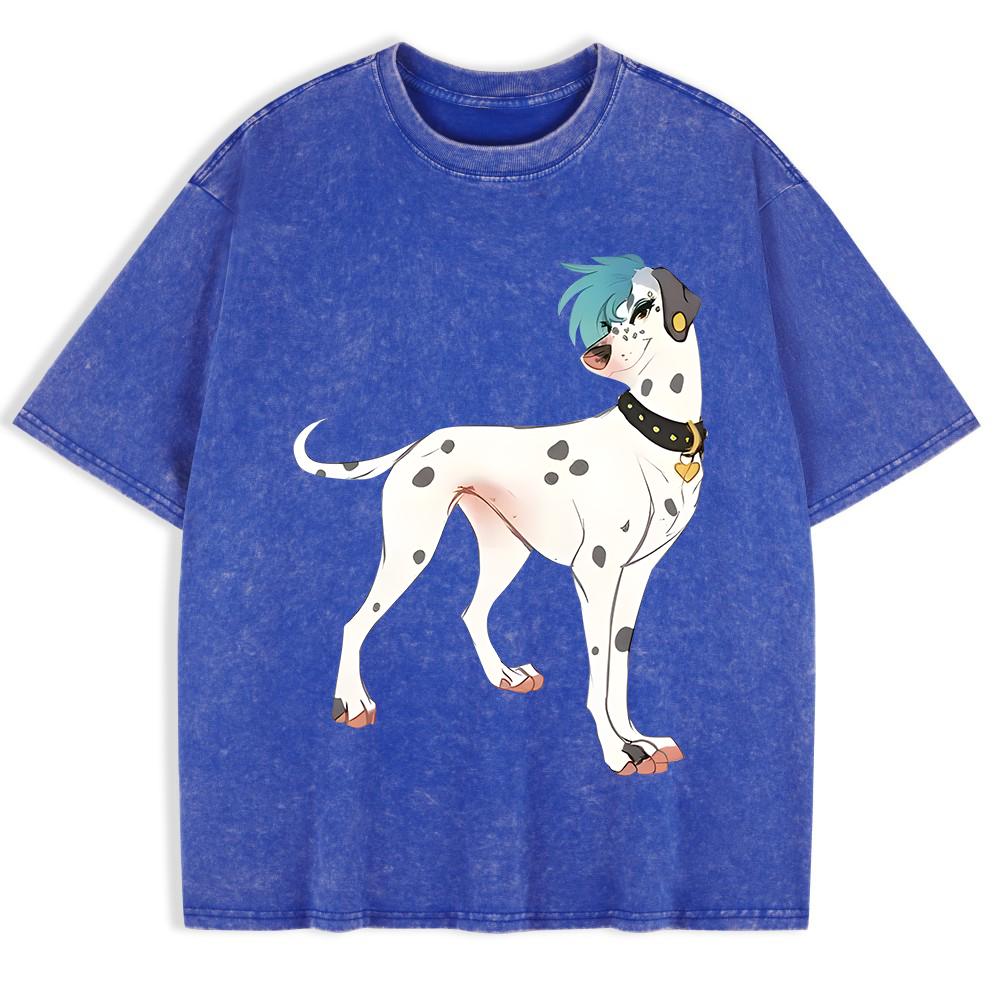 Japan Dalmatian Dog Prints Washed T-Shirts Mens Cotton Short Sleeve Tops Casual O-Neck Oversized T Shirt Summer Clothes
