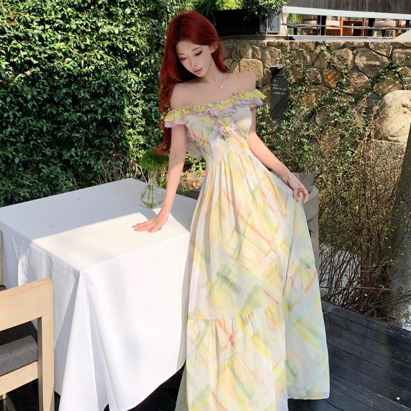 Sommerinsel Romantischer Druck Kontrastfarbe Rüschenrand Träger Großes Neckholder Taillenkleid Urlaubsfee Langes Kleid