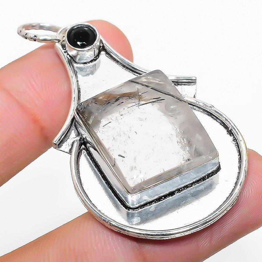 

Natural Black Rutile, Spinel Gemstone 925 Sterling Silver Pendant 2.13 e3h90