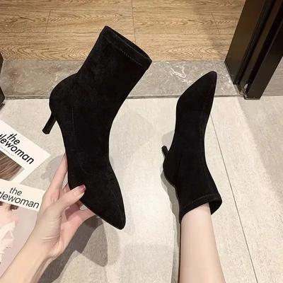 5/7/9CM Luxus Damen Schwarz Velours Sockenstiefel Stiletto Dünne Hohe Absätze Elastische Strickstiefel Winter Stretch Stoff Stiefeletten