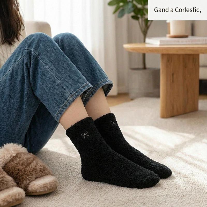 Coral fleece socks thermal floor socks women's autumn and winter home sleep socks medium tube confinement socks embroidered bow socks
