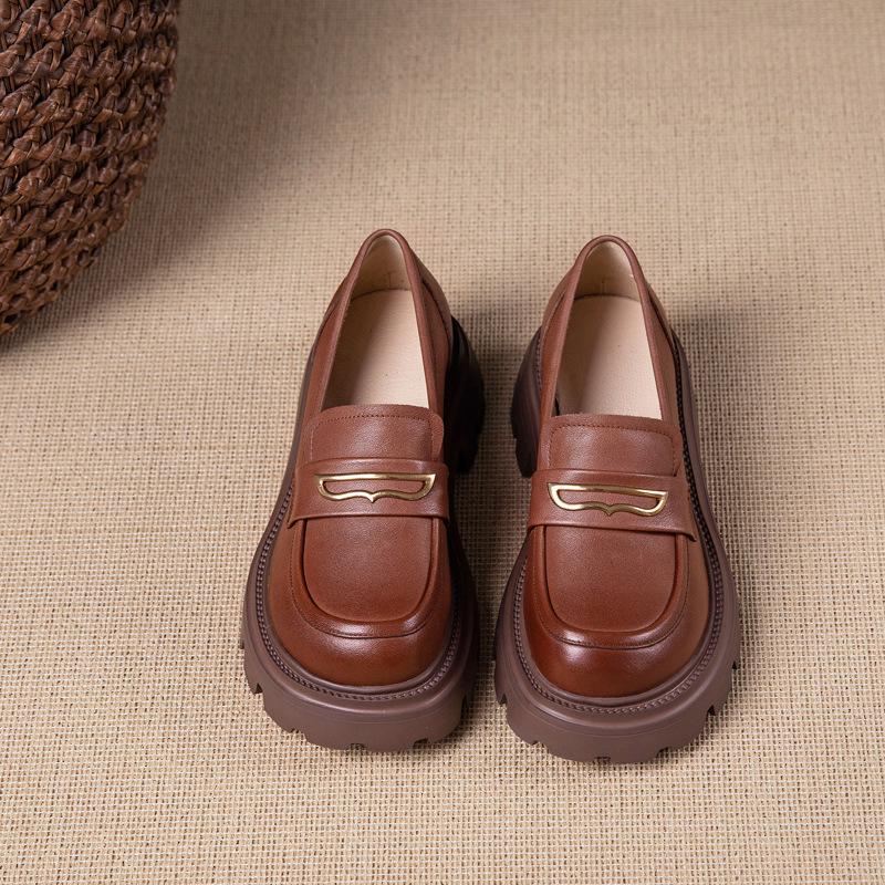 First Layer Cowhide Loafers Women's Spring and Autumn New Soft Leather British Style Foam Platform Single Shoes Women's Muffin Shoes