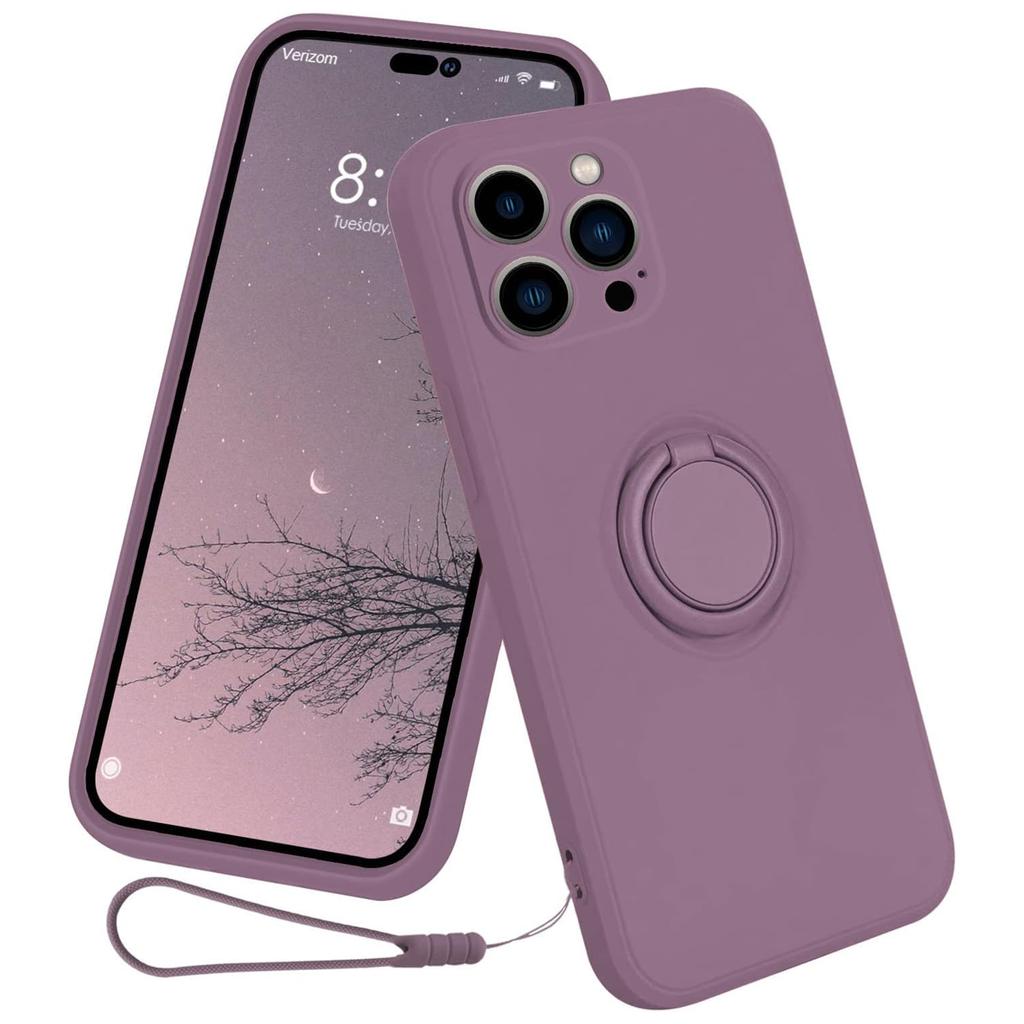 For iPhone 15 Pro Ring Kickstand Case Liquid Silicone Anti-scratch Phone Cover with Wrist Rope