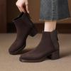 Krazing Pot Cow Suede Nubuck Winter Round Toe Modern Boots Med Heels Zipper Patch Work Women Ankle Boots