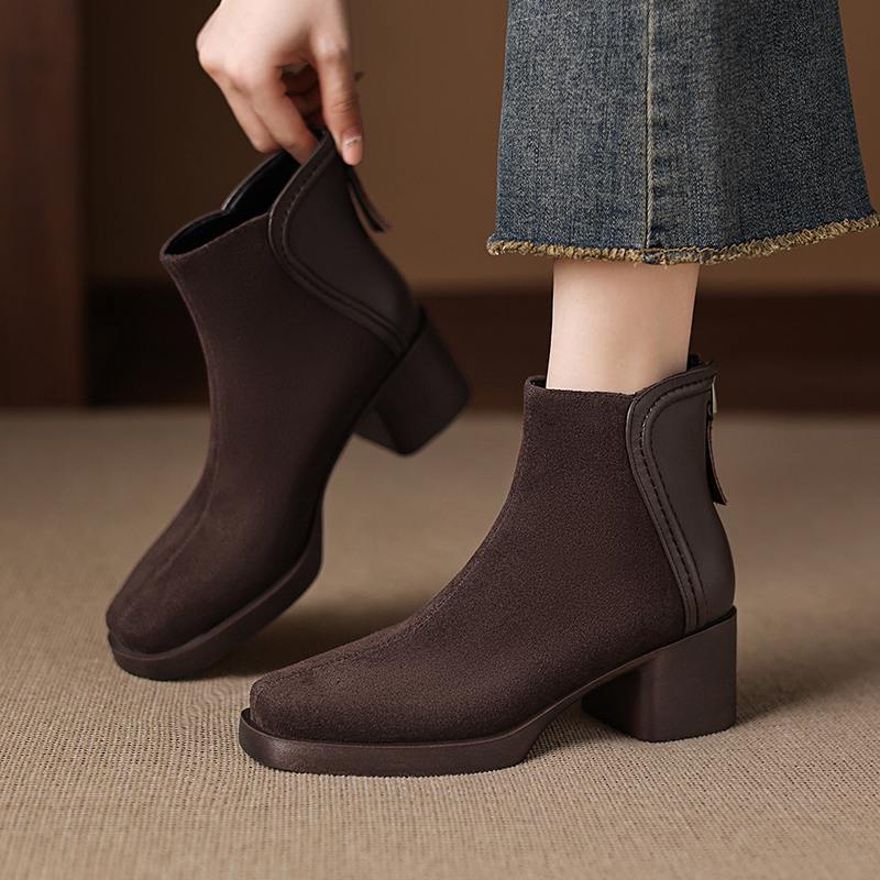 Krazing Pot Cow Suede Nubuck Winter Round Toe Modern Boots Med Heels Zipper Patch Work Women Ankle Boots