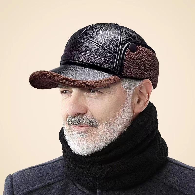 Winter Leather Cap with Ear Flaps Plush Lined Thermal Warm Windproof Cold Weather Baseball Hat for Men Women Outdoor Activities