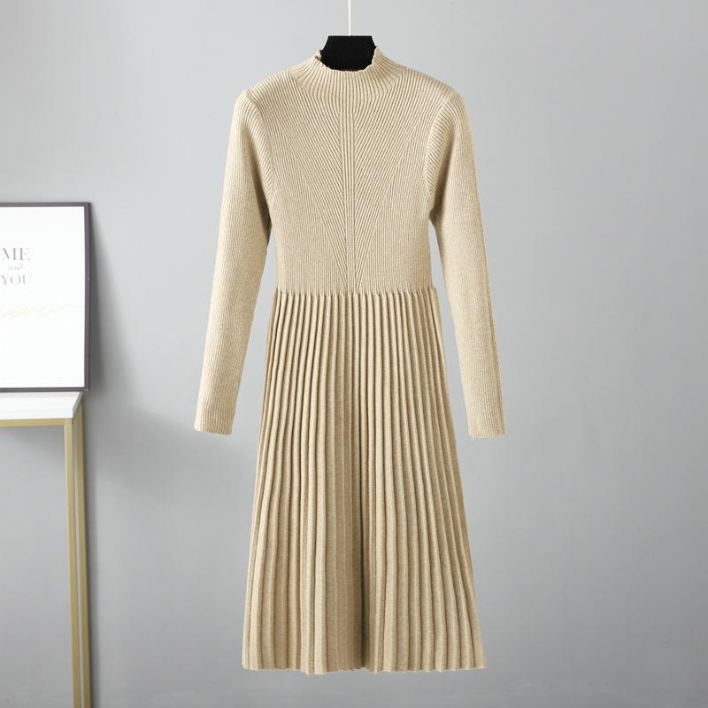 Women's Autumn Winter Plain Knitted Turtleneck Long Sleeve High Waist Sweater Dress