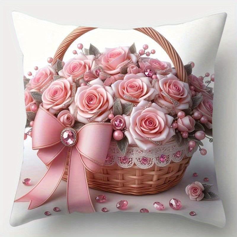 Soft Pink Rose Pillowcase: Romantic Basket & Bow Pattern Cushion Cover For Elegant Sofa Bedroom Home Decor