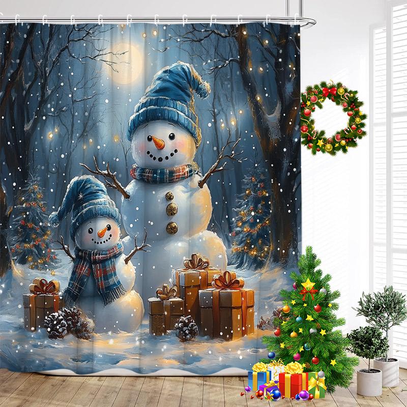 Cute Blue Snowman Shower Curtains Winter Forest Cedar Snow Mountain New Year Christmas Home Bathroom Curtain Decor With Hooks