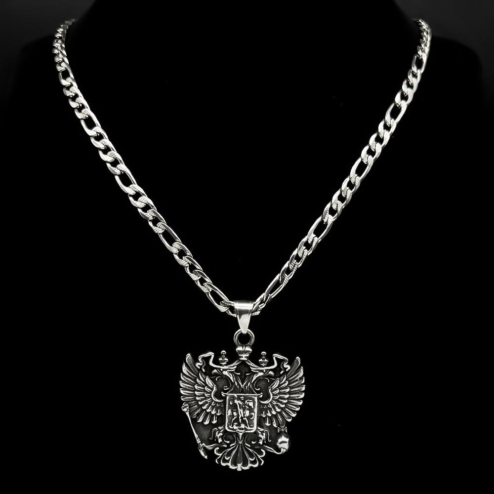 Russian Double-Headed Eagle National Emblem Symbol Pendant Necklace for Women Men Silver Color Stainless Steel Chain Jewelry