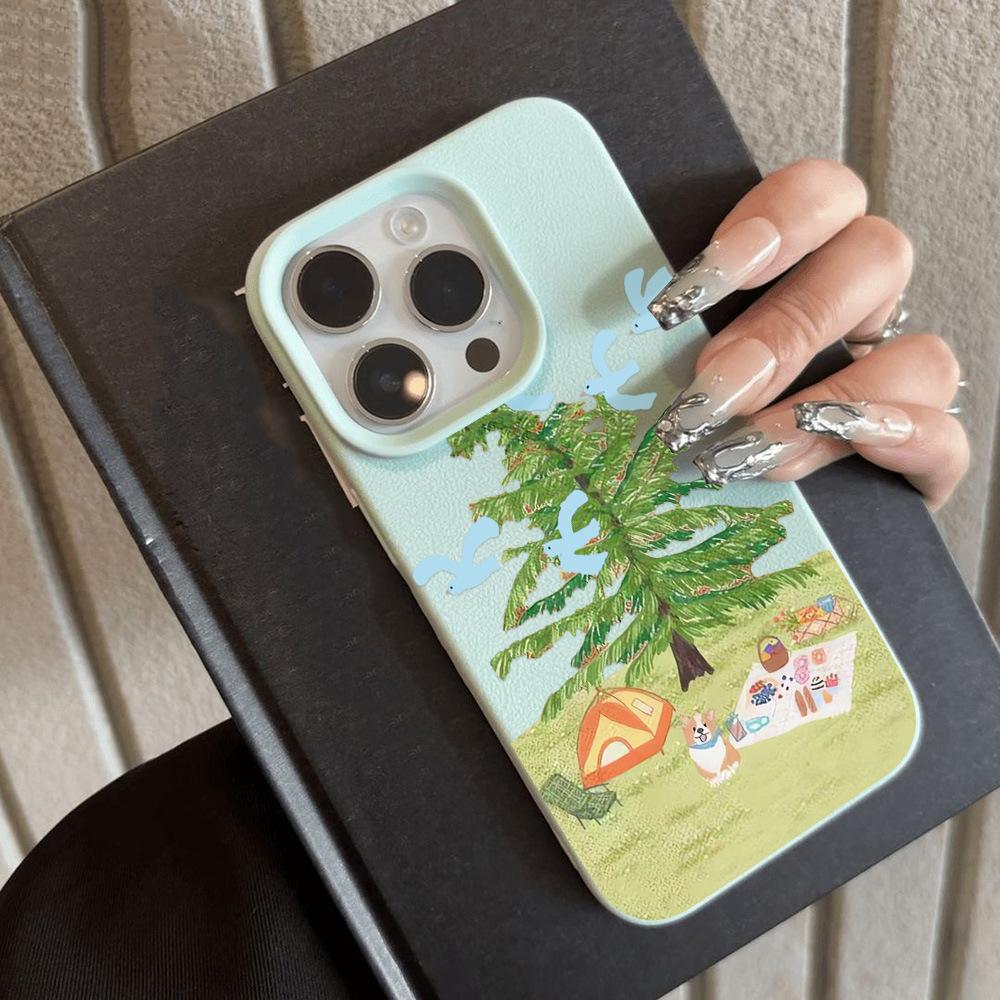 Applicable iPhone17 ProMax Summer Camping Puppy Leather Pattern Mobile Phone Case 17/16 Large Hole 15 Cute