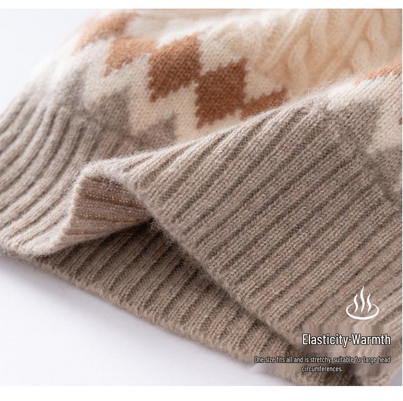 Women's 100% Pure Cashmere Color Block Knitted Hat with Ear Protection - New Fashion, Warm & Cozy